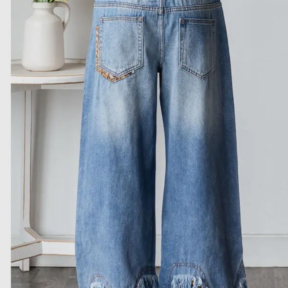 Oli & Hali Blue Denim Wide-Leg Jeans with Leopard Trim - Picture 6 of 6
